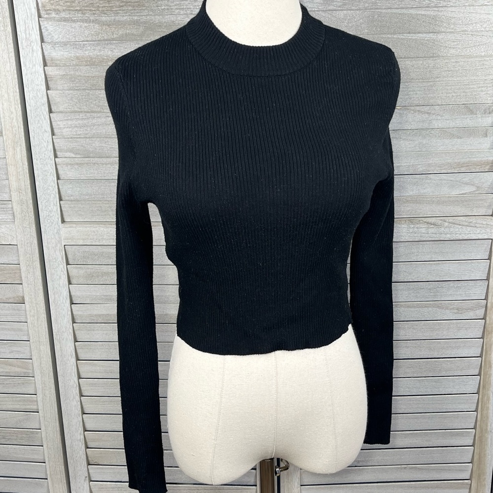 SHINESTAR Stretchy Ribbed Cropped Sweater Black-Large